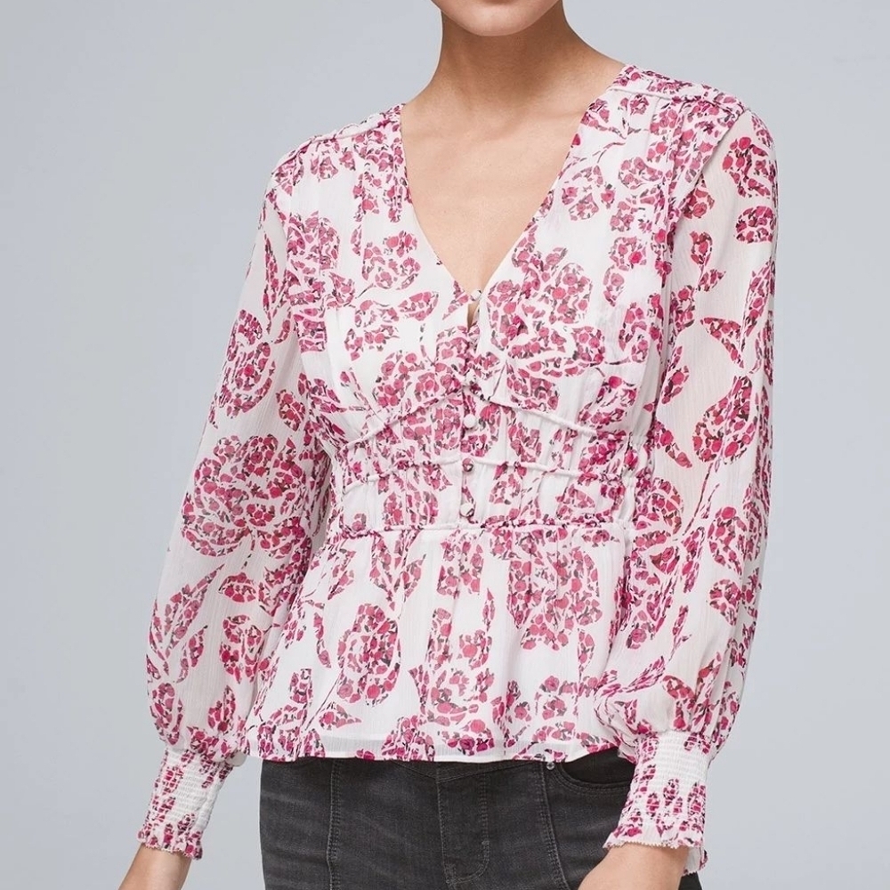 WHBM Long Sleeve Romantic Floral V-Neck Blouse  Pink and White Sz Large New